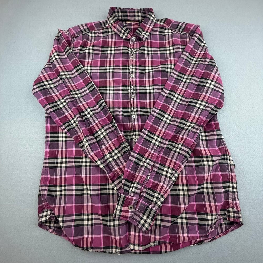Burberry Brit Button Down Shirt Mens‎ Large Purple Plaid Long Sleeve Nova Check